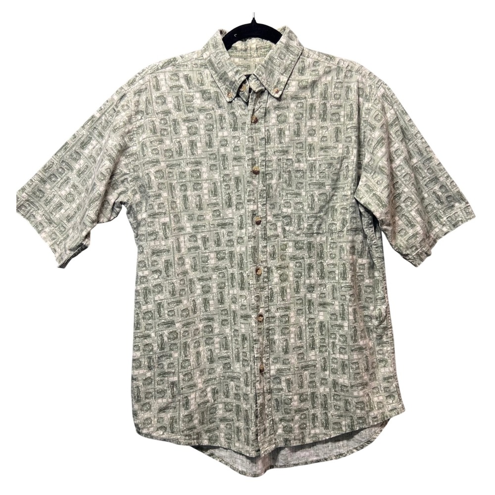 Vintage RedHead Fish Print Button Up Men M 90s Cotton Outdoor Shirt Short Sleeve
